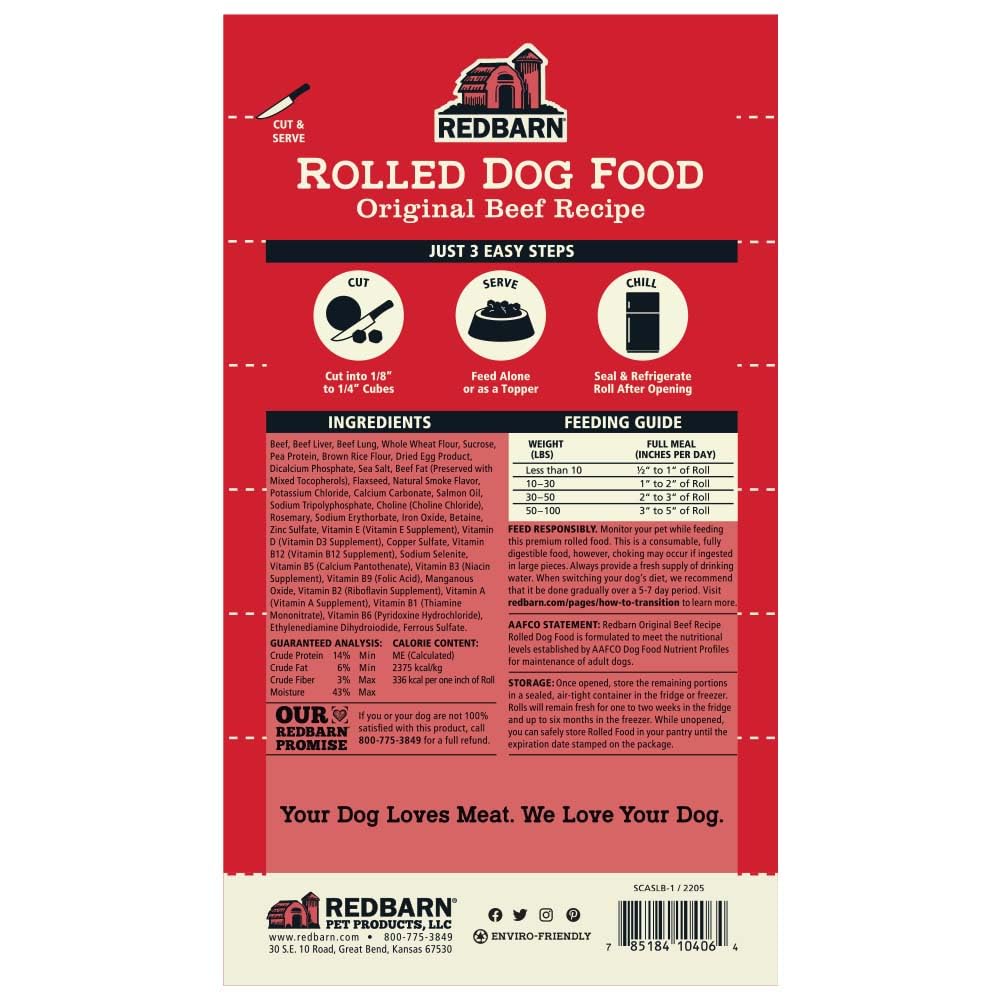 Redbarn Premium Rolled Dog Food Beef Recipe ingredients visible on the roll.
