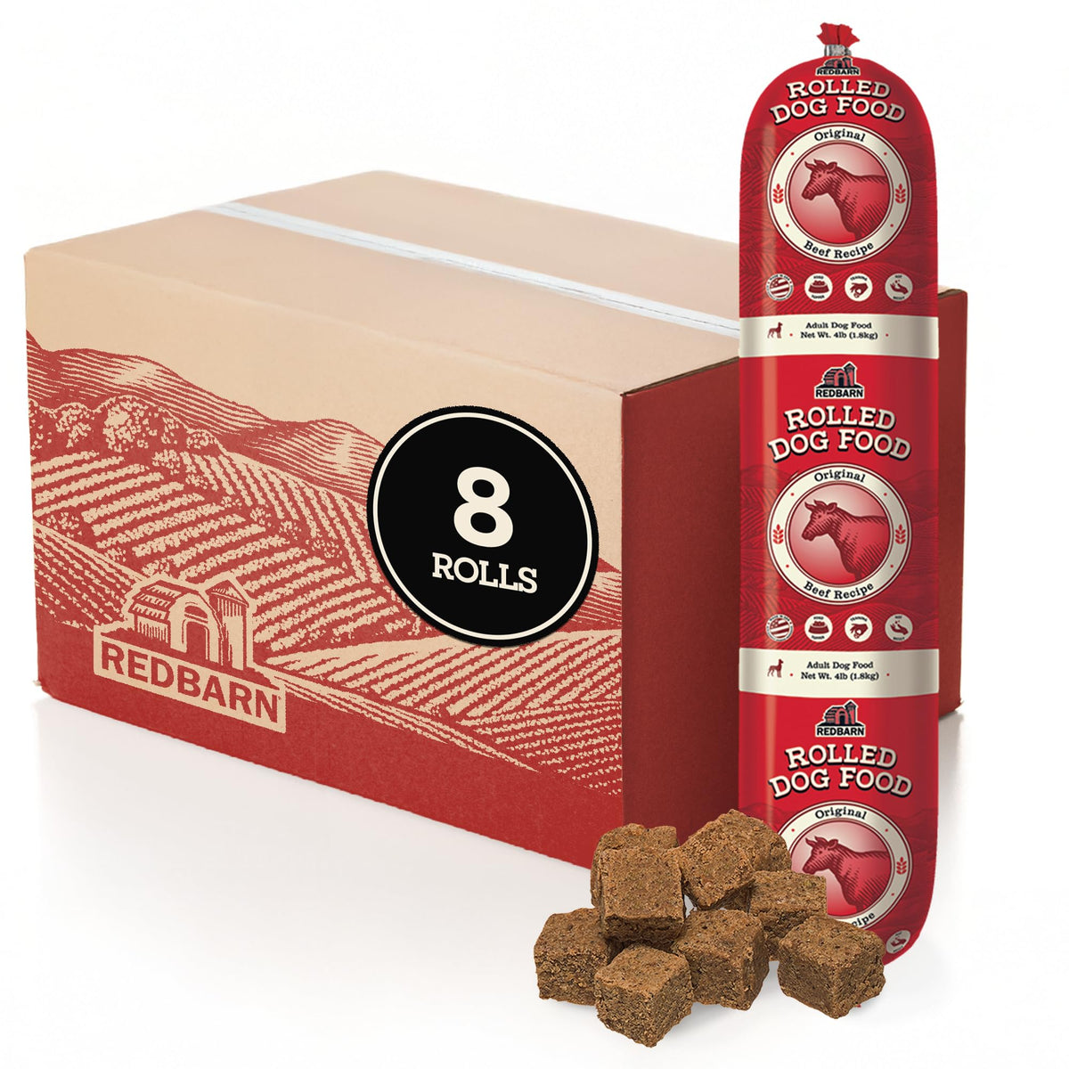 Redbarn Premium Rolled Dog Food Beef Recipe packaging shows eight rolls for convenient feeding.