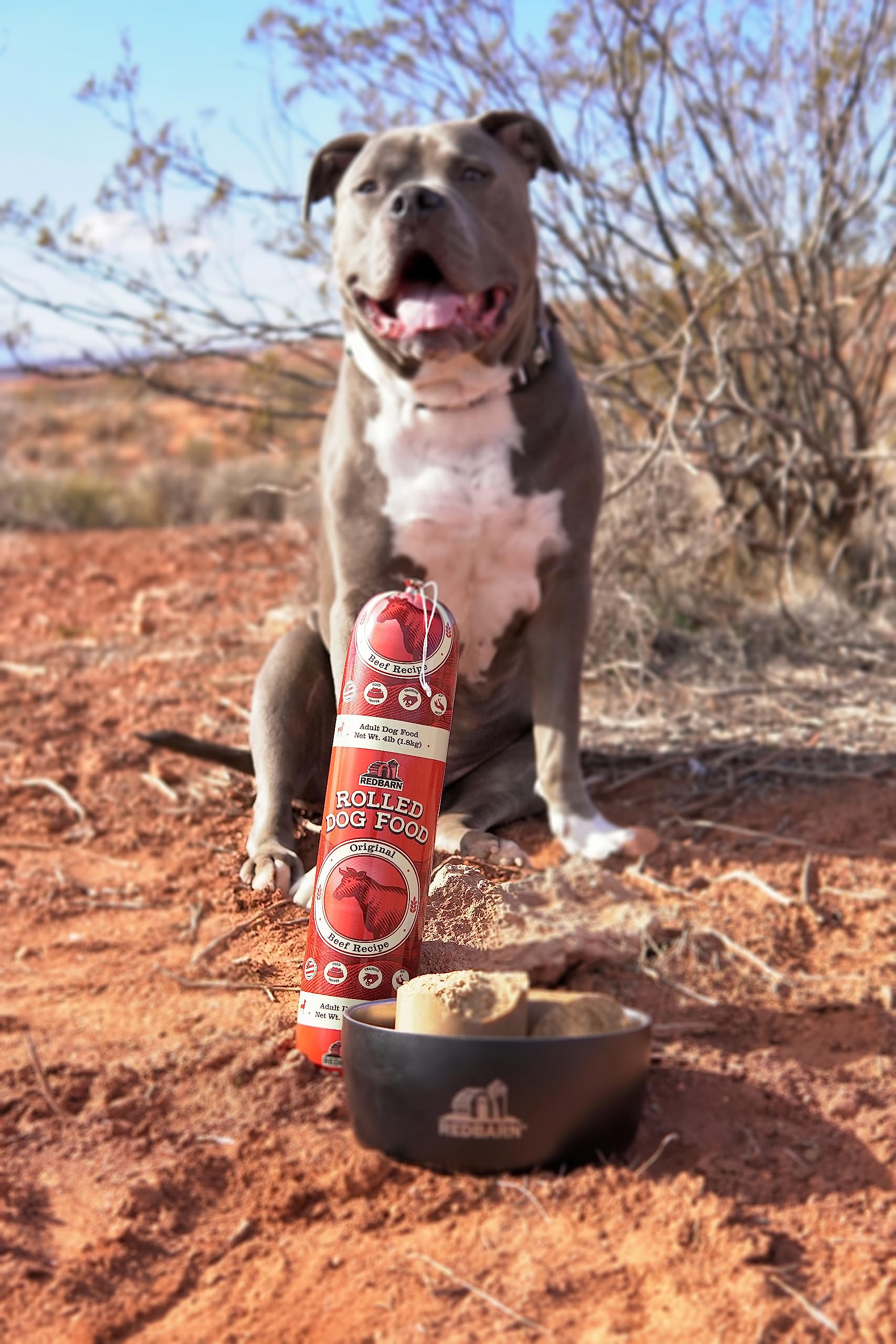 Redbarn Premium Rolled Dog Food Beef Recipe pantry storage scene implies shelf-stable packaging.
