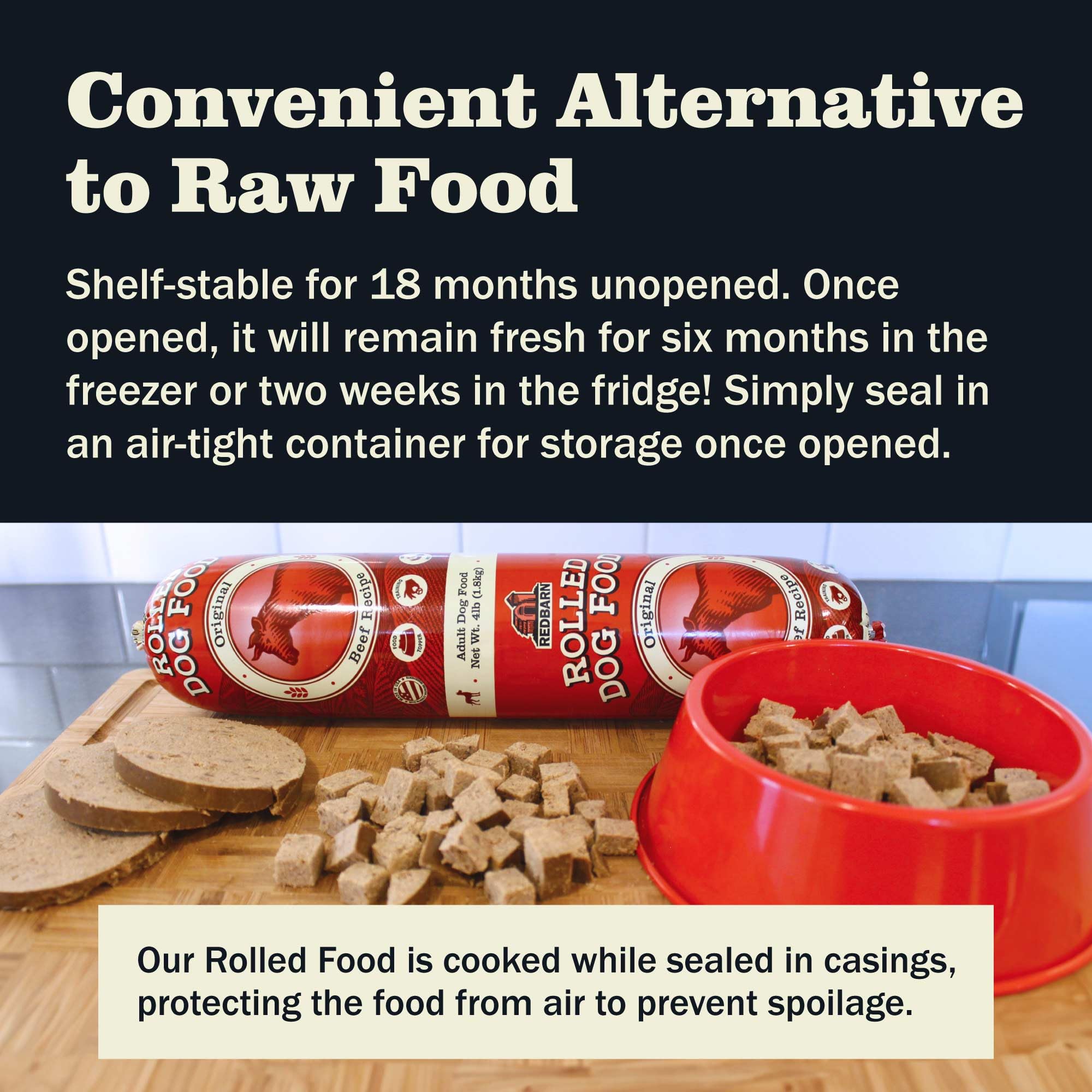 Redbarn Premium Rolled Dog Food Beef Recipe served in a bowl for easy meals.