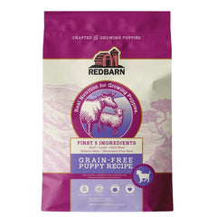 Redbarn puppy grain-free kibble in bowl highlighting beef and lamb recipe supports development