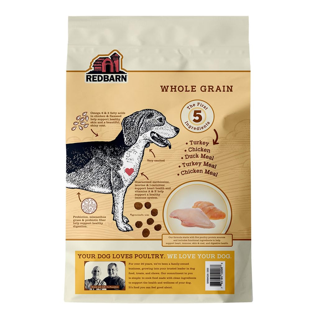 Redbarn Whole Grain Sky Recipe kibble closeup highlights hearty texture for digestion.