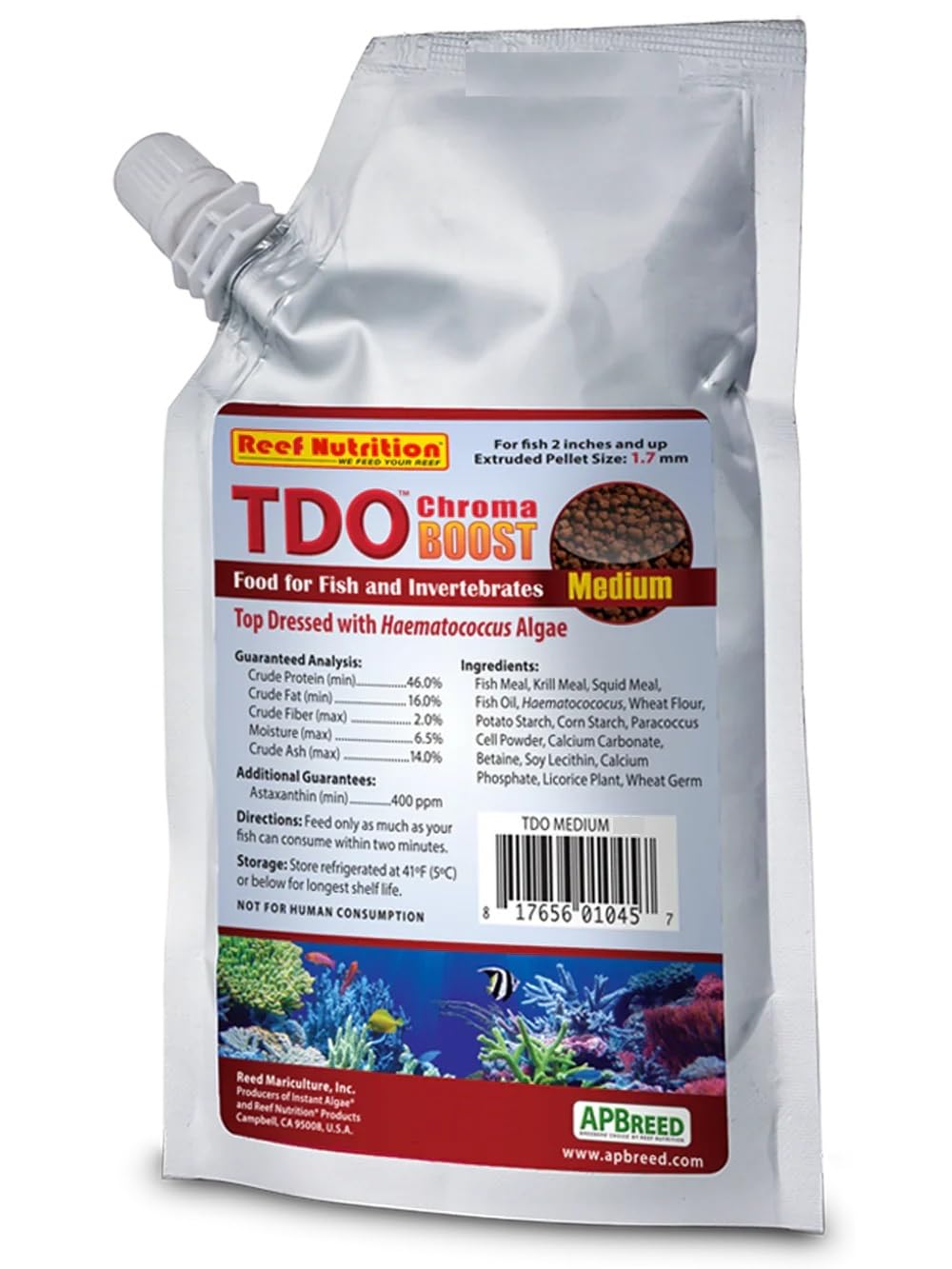 Reed Mariculture TDO Chroma Boost 16oz pellet for daily feeding supports vibrant reef fish colors.