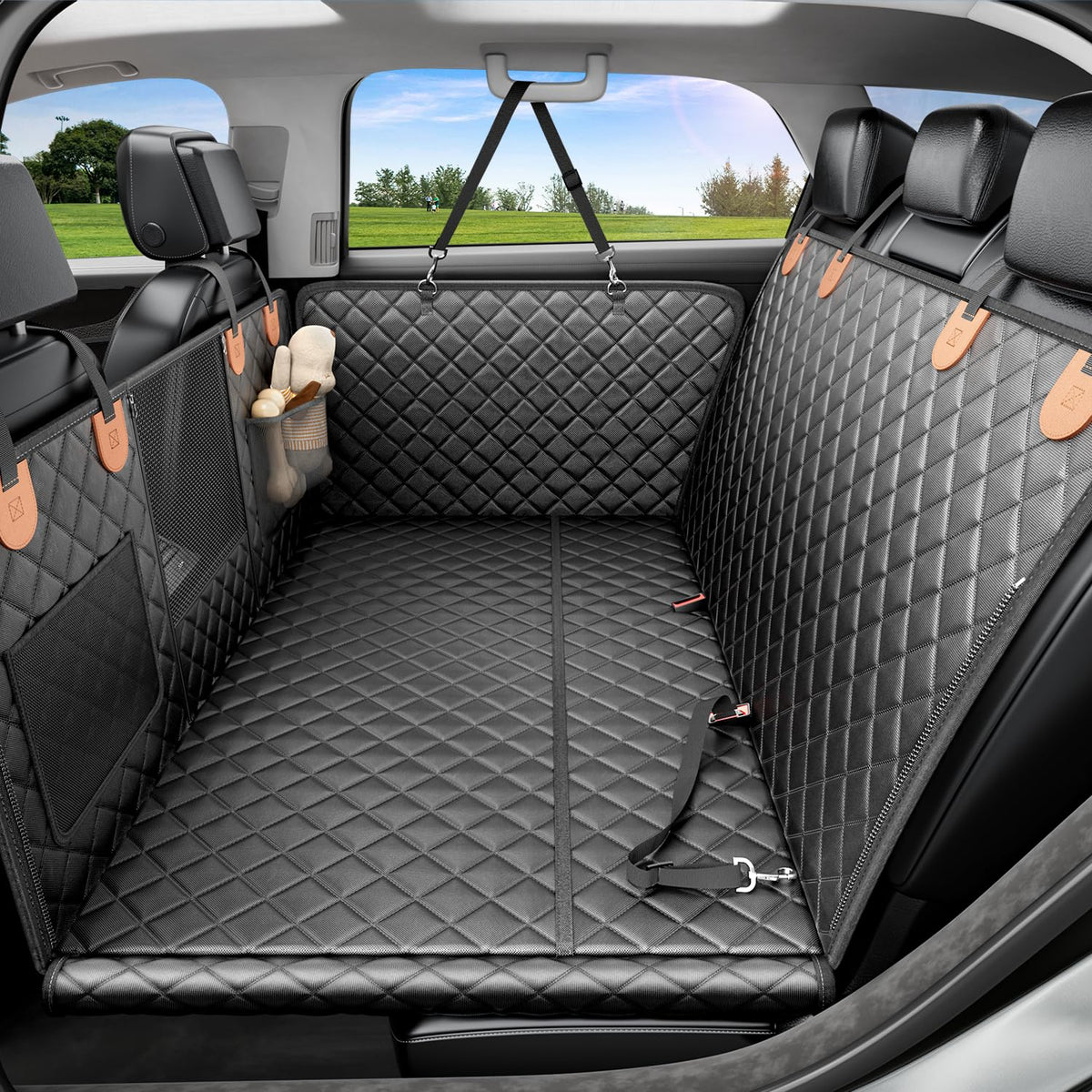 REEVAA dog car seat cover protects back seat for two large dogs during travel