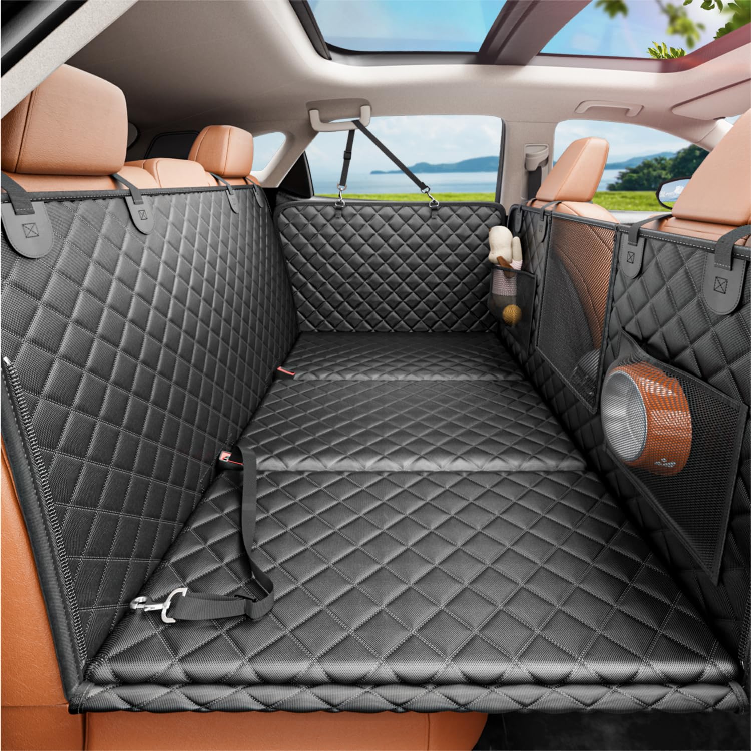 REEVAA upgraded dog seat cover on back seat with cushion for smoother rides.