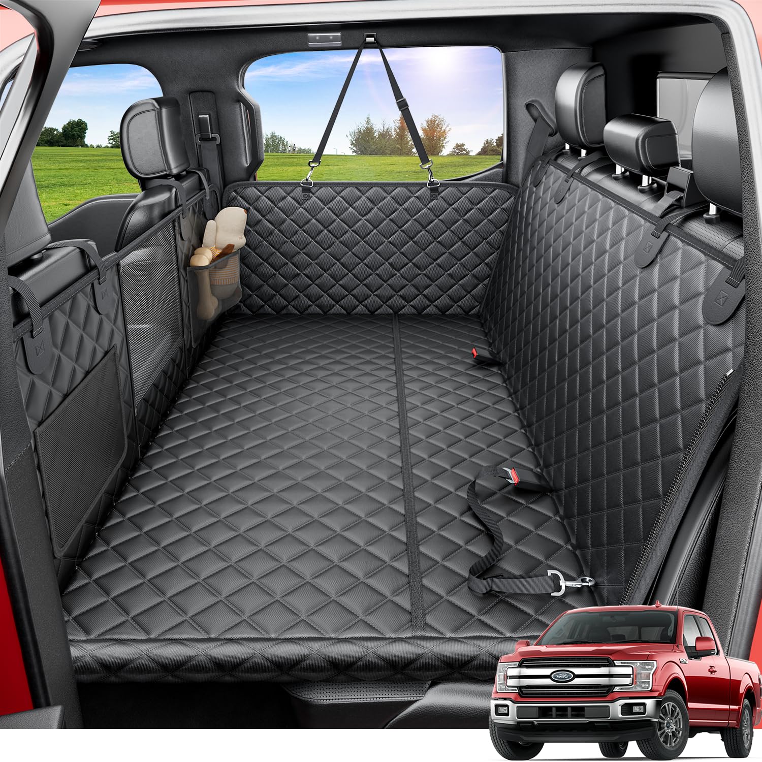 REEVAA XL dog hammock seat cover protects backseat while large dogs stretch out.