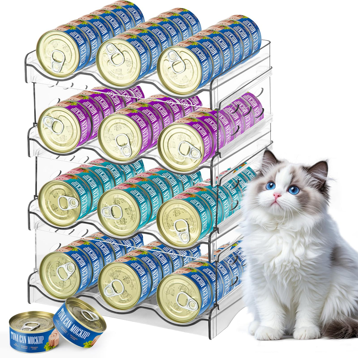 REFLYING cat food can organizer front view improves quick can access and pantry organization