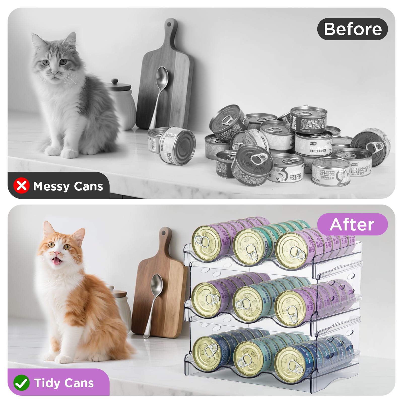 REFLYING Cat Food Organizer anti-spill design keeps cans secure.