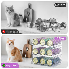 REFLYING Cat Food Organizer anti-spill design keeps cans secure.