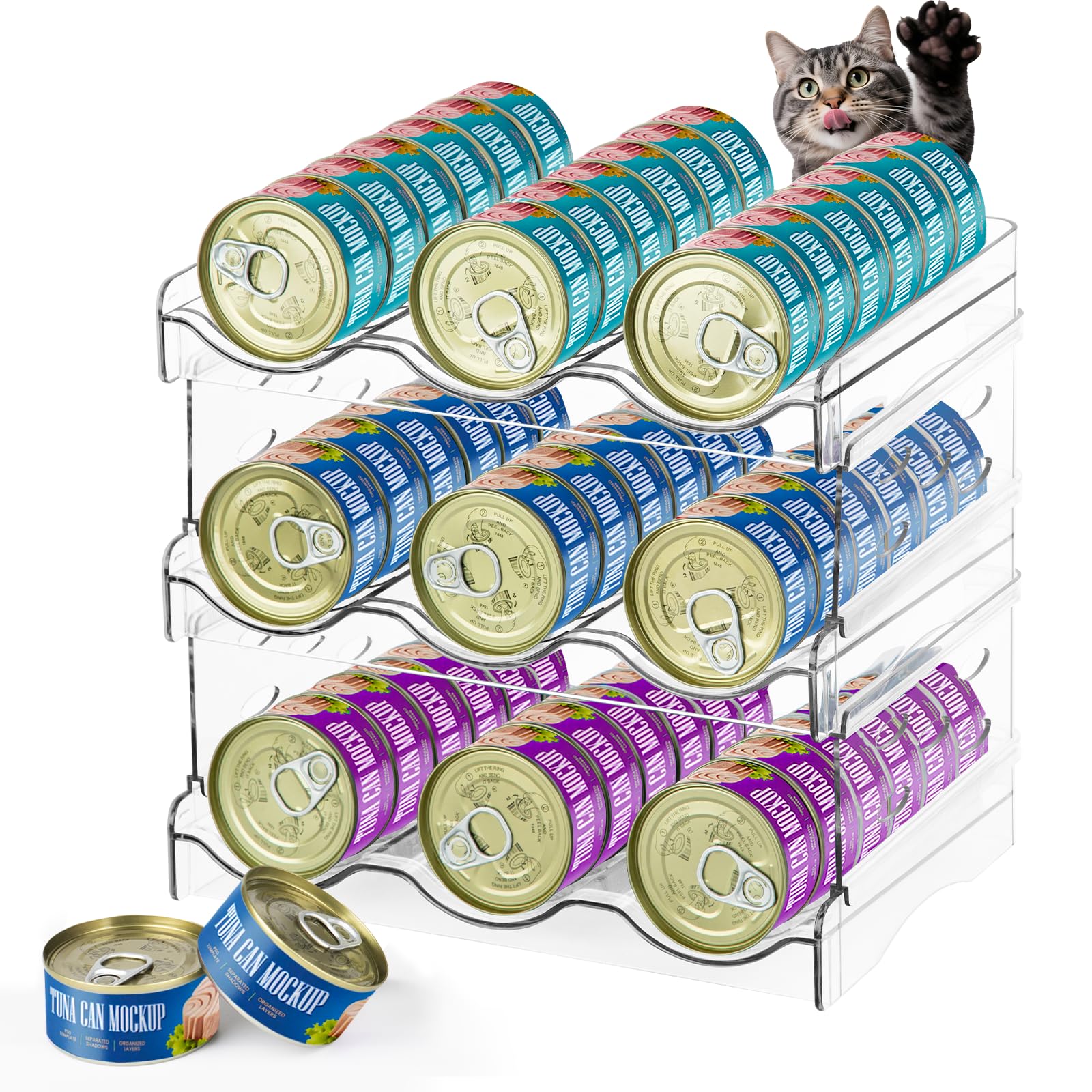 REFLYING Cat Food Organizer front view for easy access and organized pantry storage.