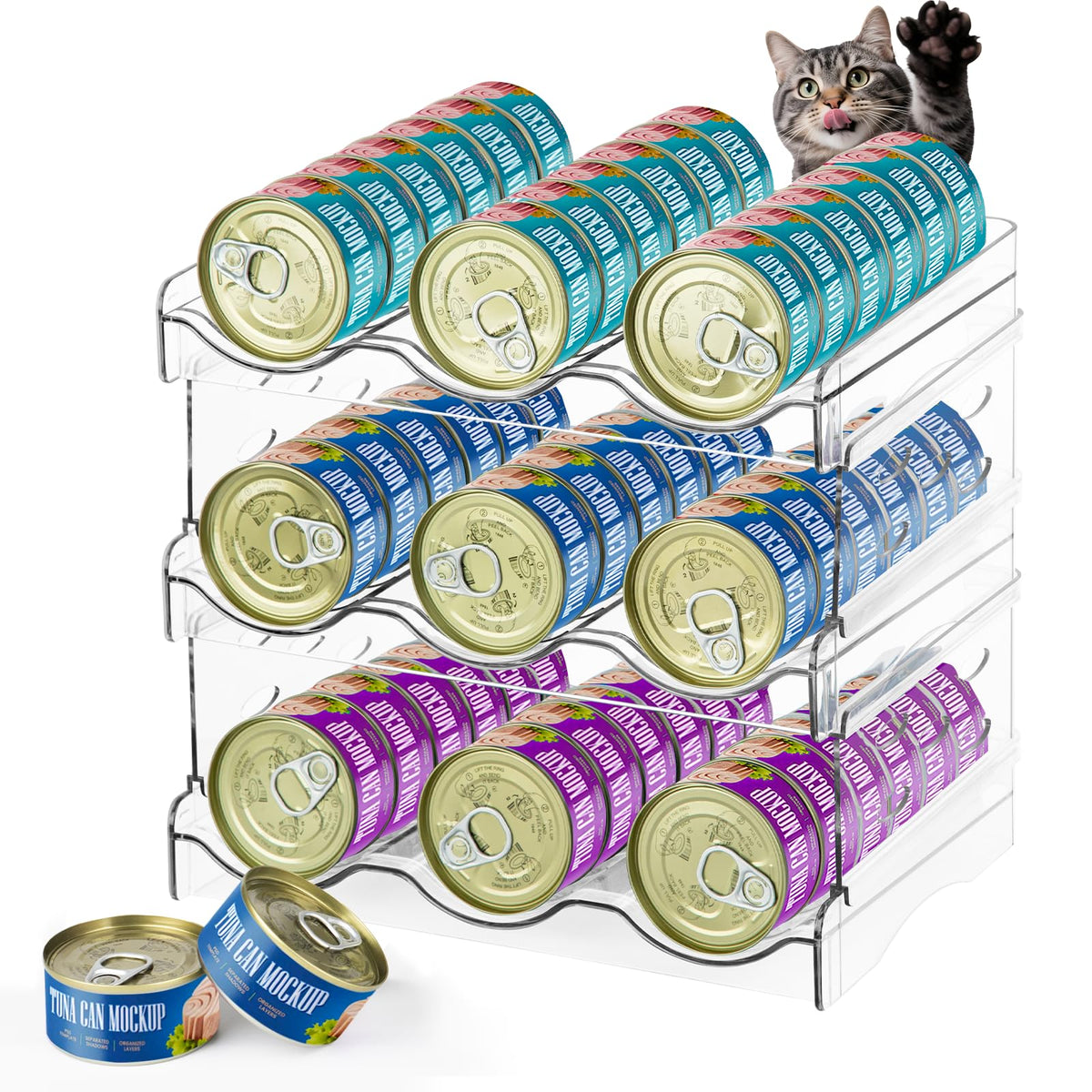 REFLYING Cat Food Organizer front view for easy access and organized pantry storage.