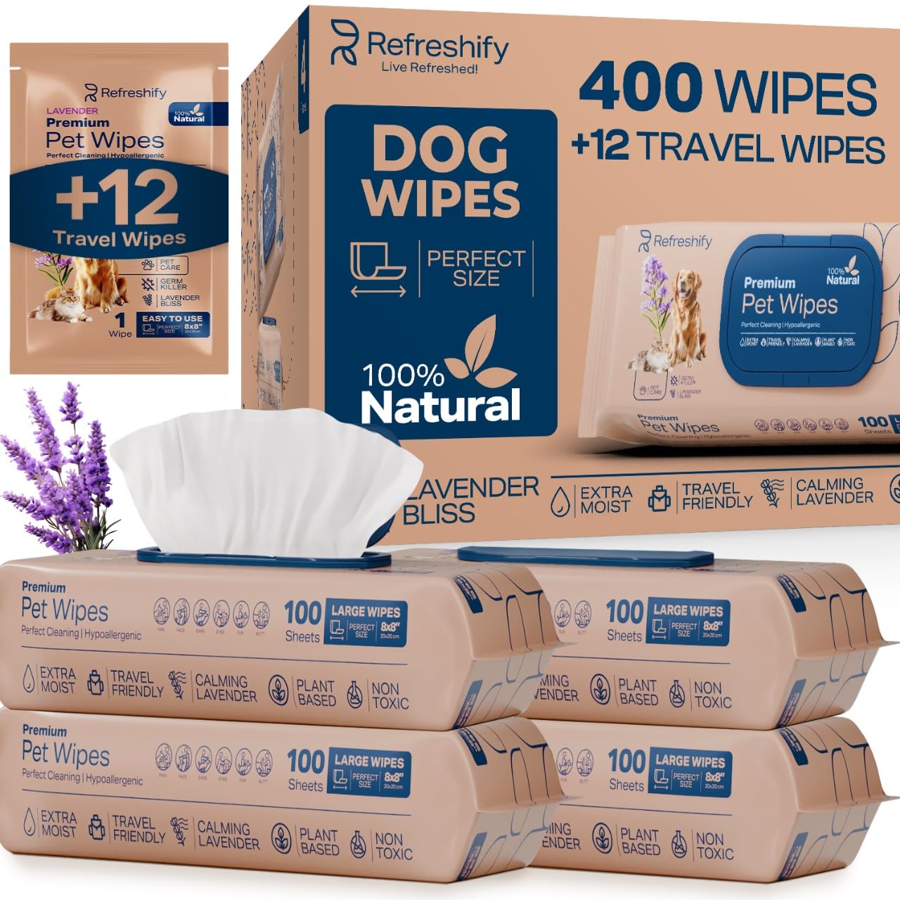 REFRESHIFY dog wipes for paws and butt with lavender scent for quick cleanup and odor control