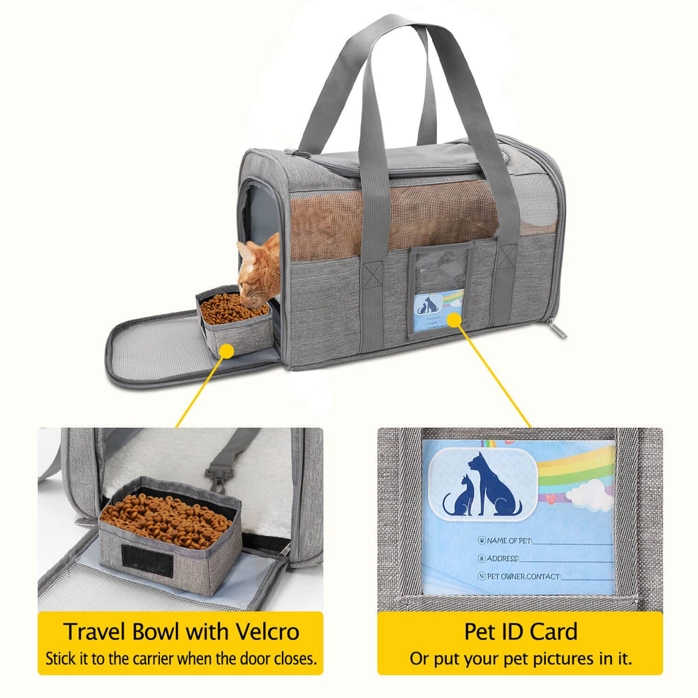 Refrze cat carrier includes a soft washable fleece pad for comfort.