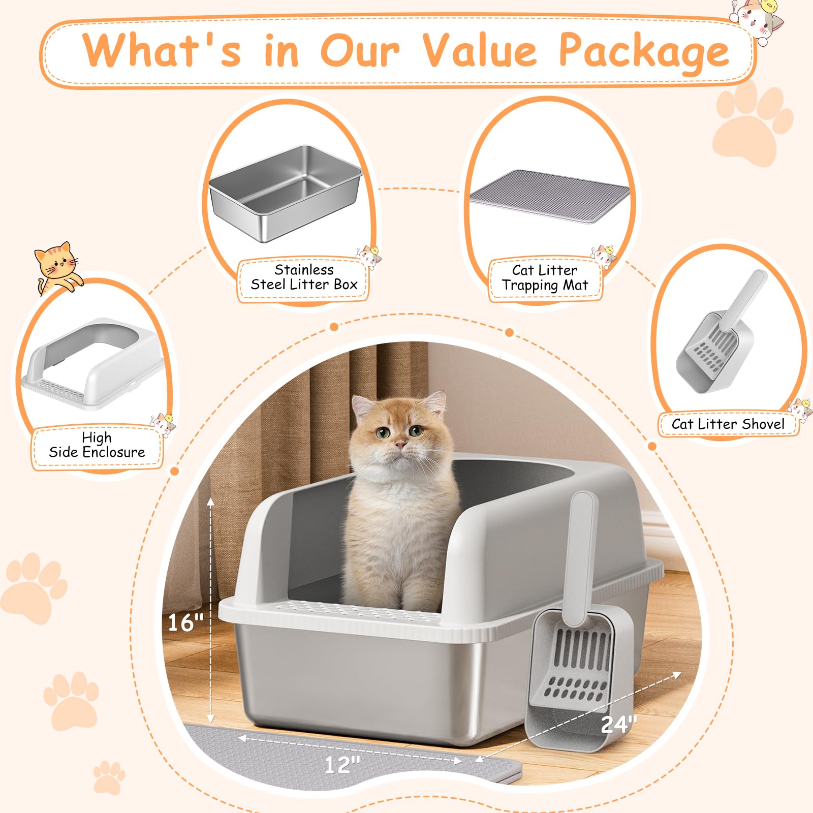 Refrze stainless-steel litter box interior view demonstrates spacious 20L capacity for multi-cat homes.