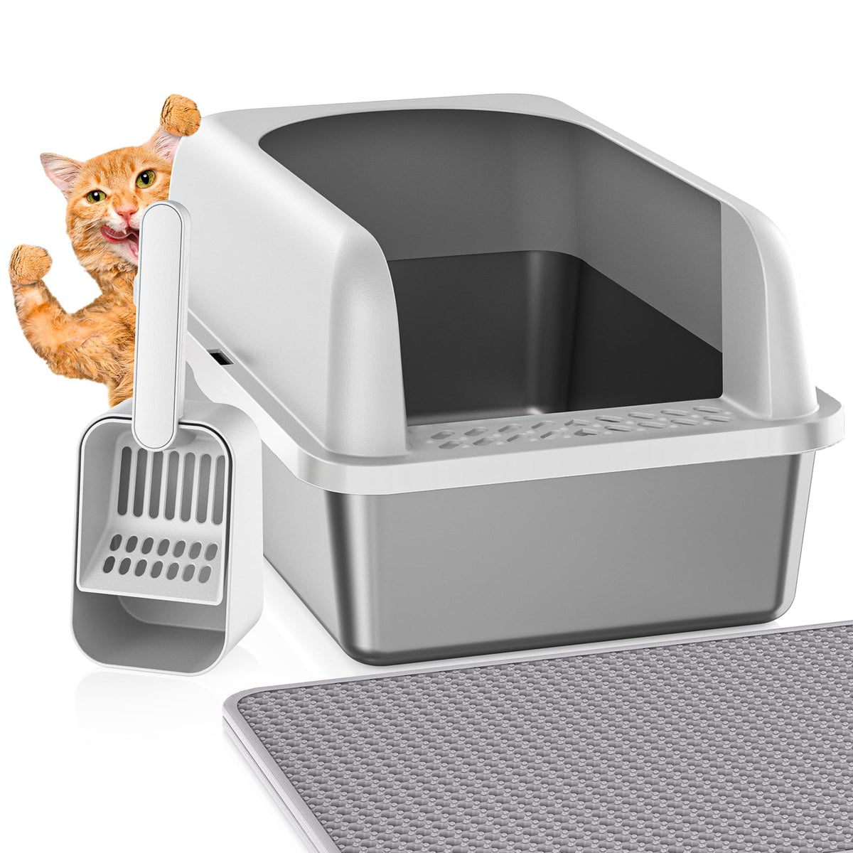 Refrze stainless-steel litter box lid closeup shows anti-leak latch for spill-free setup.