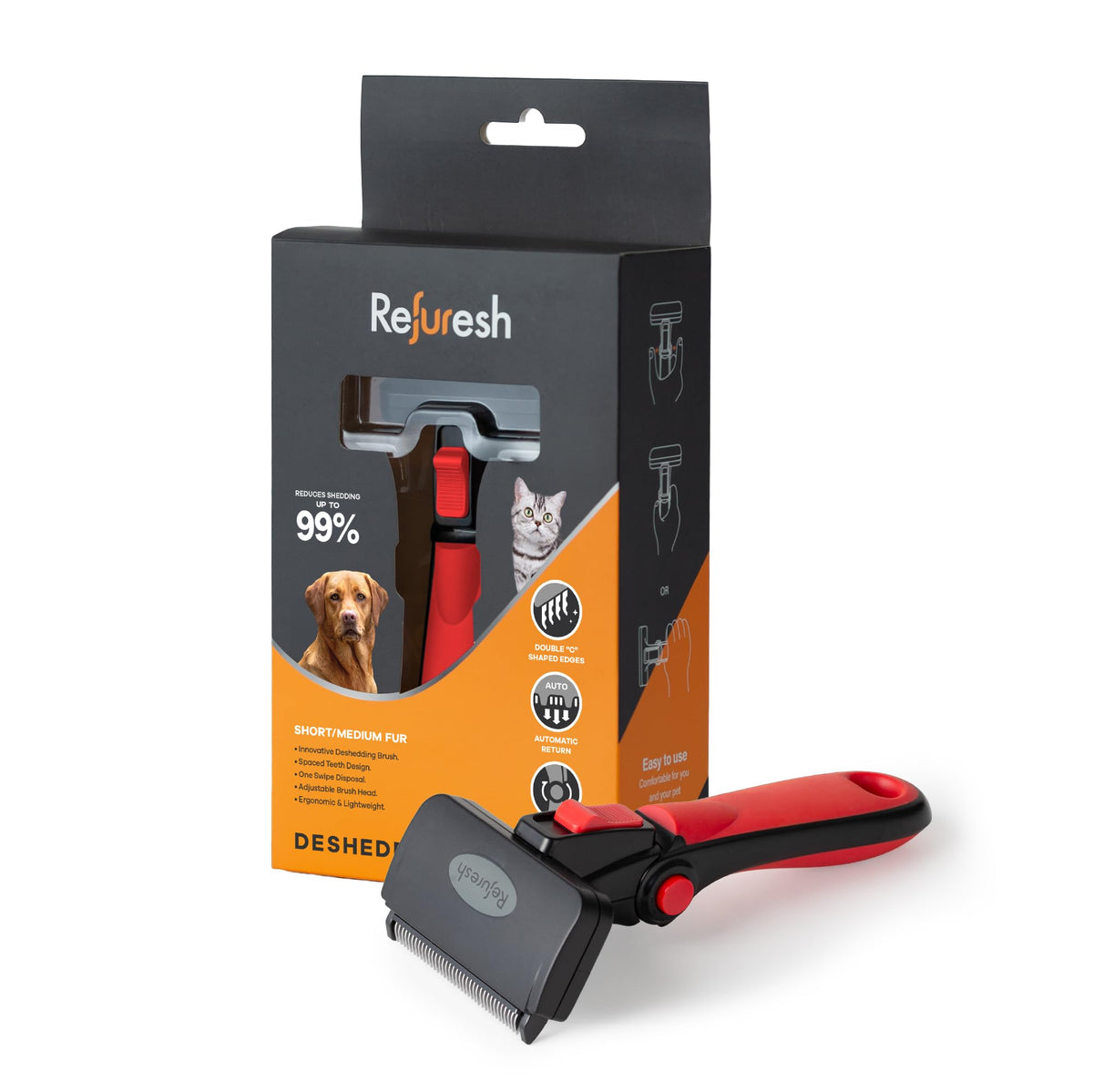 Refuresh Deshedding Brush front view in red with an ergonomic grip for comfortable grooming sessions.