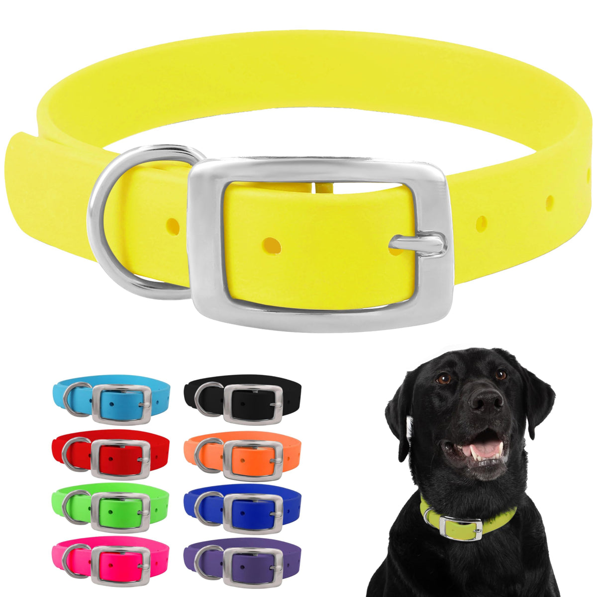 Regal Dog Products medium yellow collar closeup of the heavy-duty buckle for secure fit.
