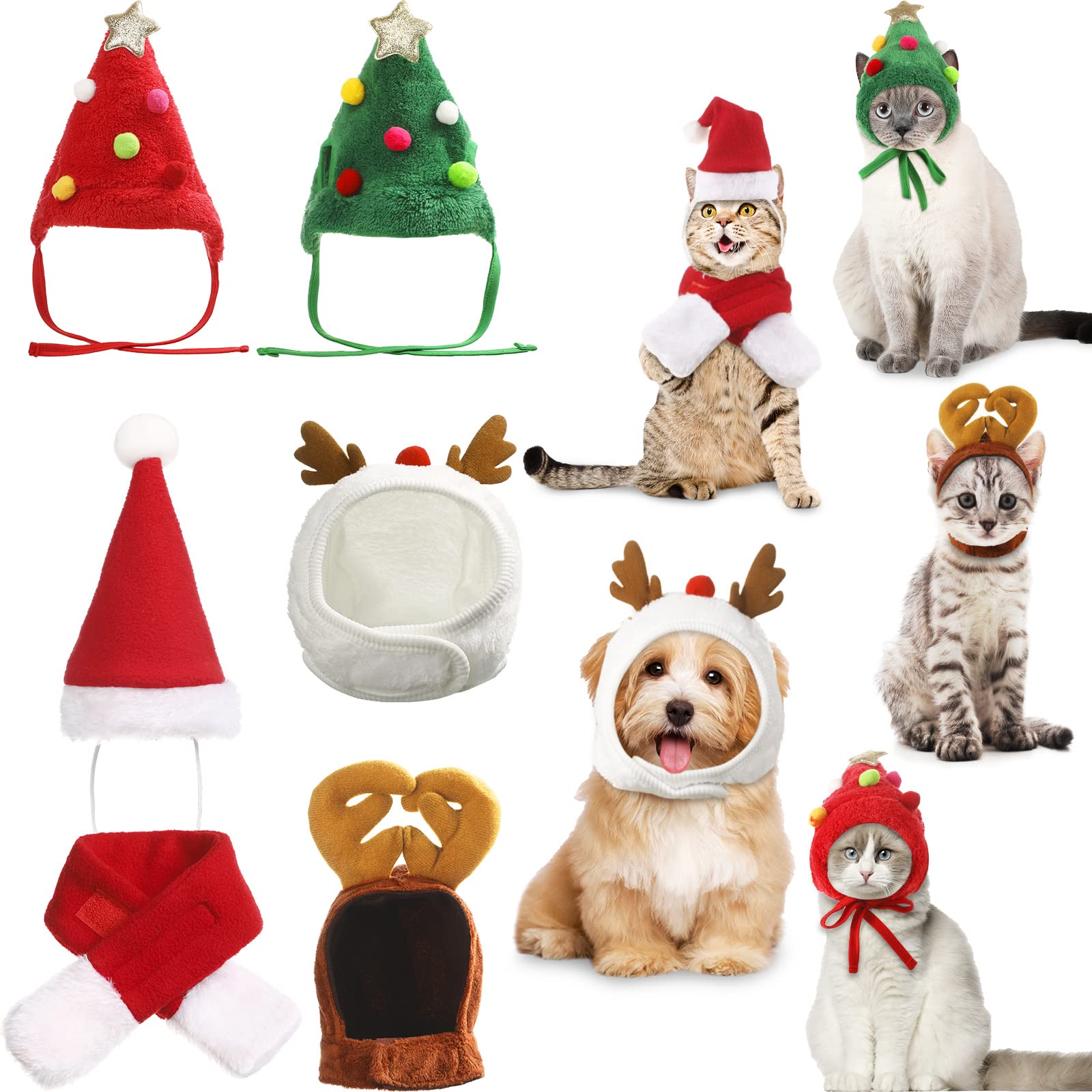 Reginary 6-piece Christmas hat set for pets featuring Santa hat and scarf for festive holiday photos