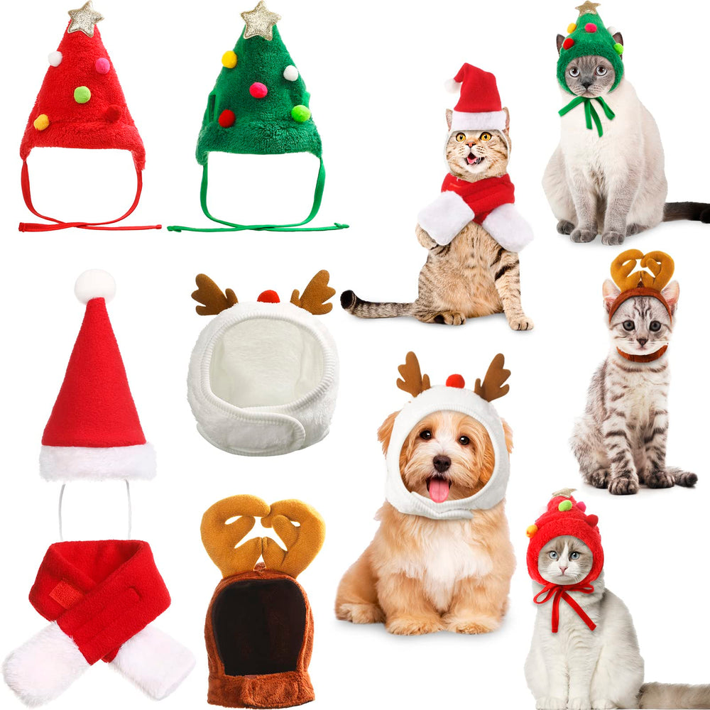 Reginary 6-piece Christmas hat set for pets featuring Santa hat and scarf for festive holiday photos