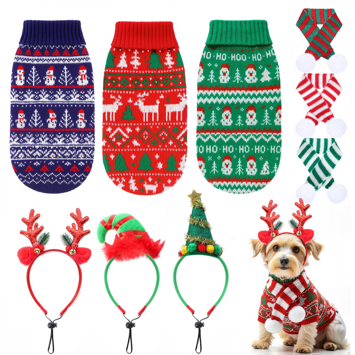 Reginary Christmas dog sweater set shown on a cozy model for festive photos