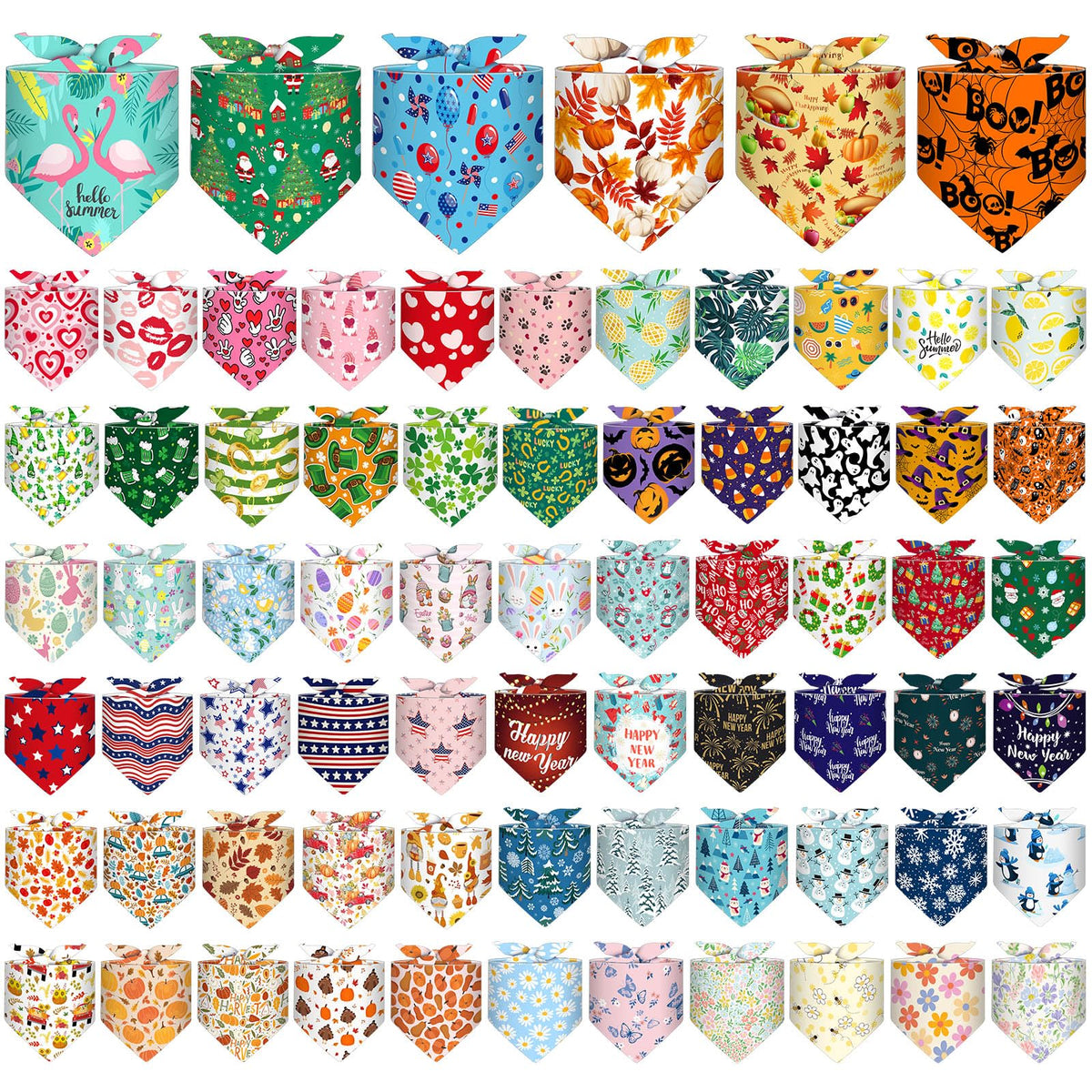 Reginary holiday dog bandanas 72-pack with diverse patterns for seasonal styling.