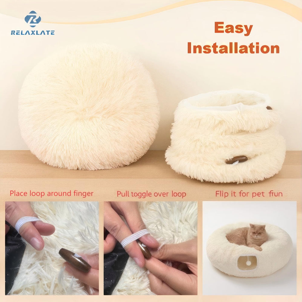 RELAXLATE cat tunnel bed includes dangling toy balls for interactive play
