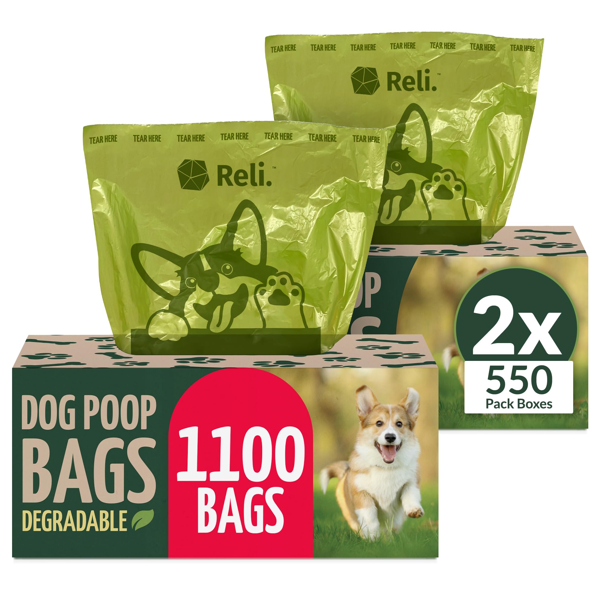 Reli 1100-pack dog poop bags box ready for long walks and easy refills.