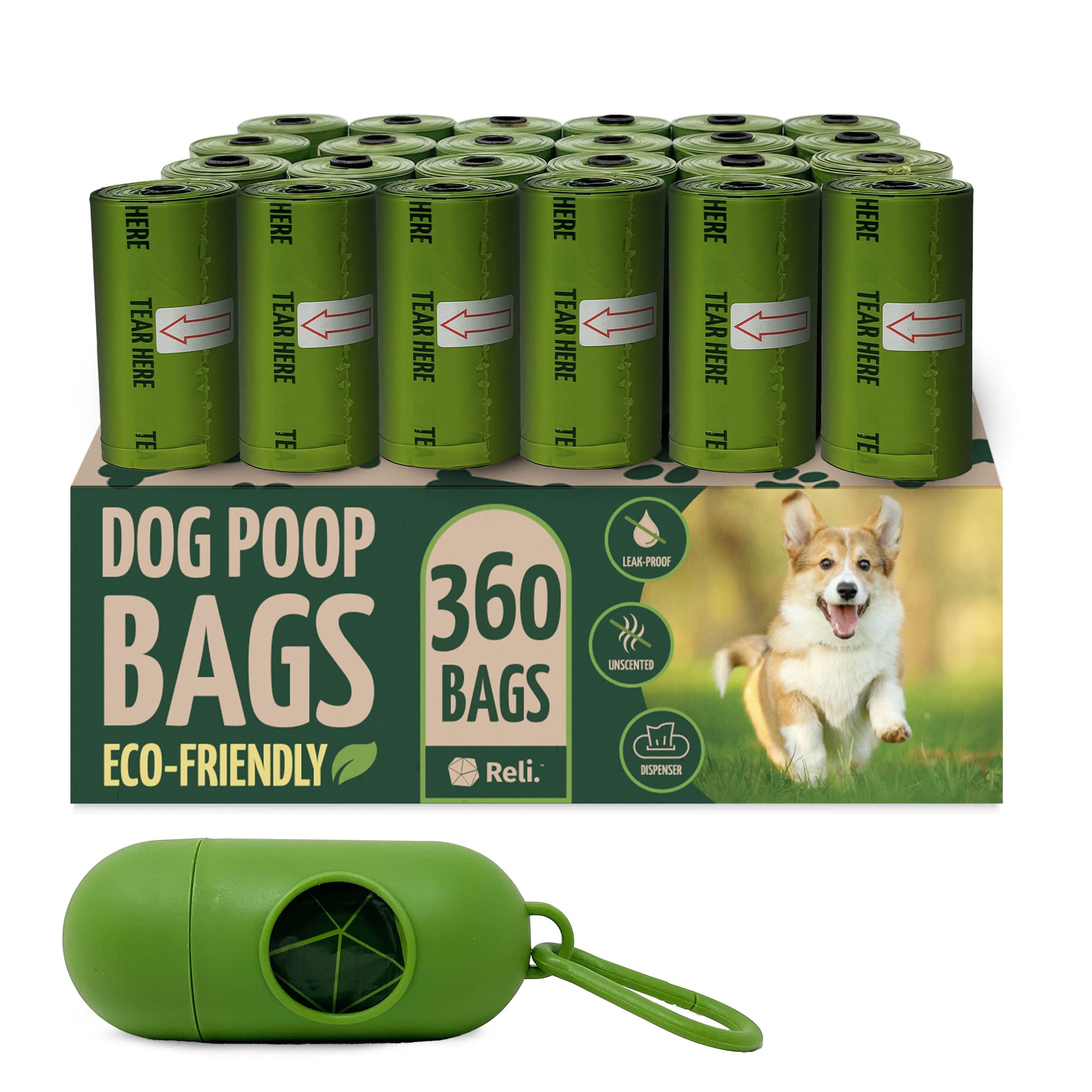 Reli bolsas para heces de perro degradables con dispensador para paseos prácticos.