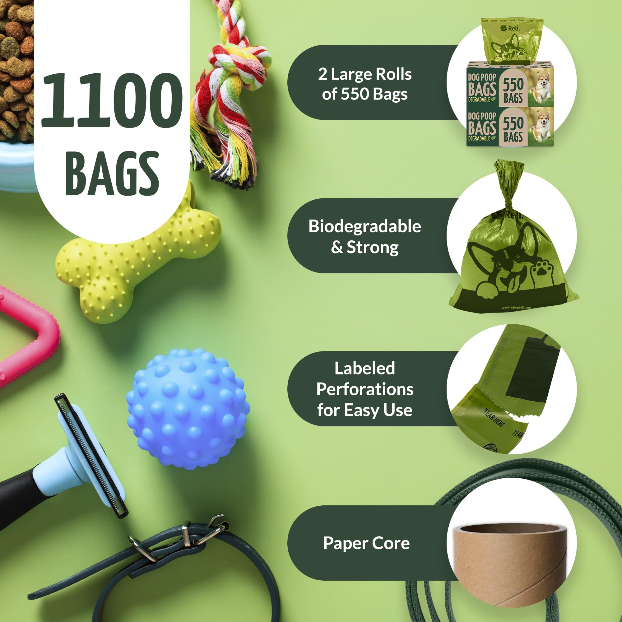 Reli dispensing box enables quick bag access during walks and park trips.