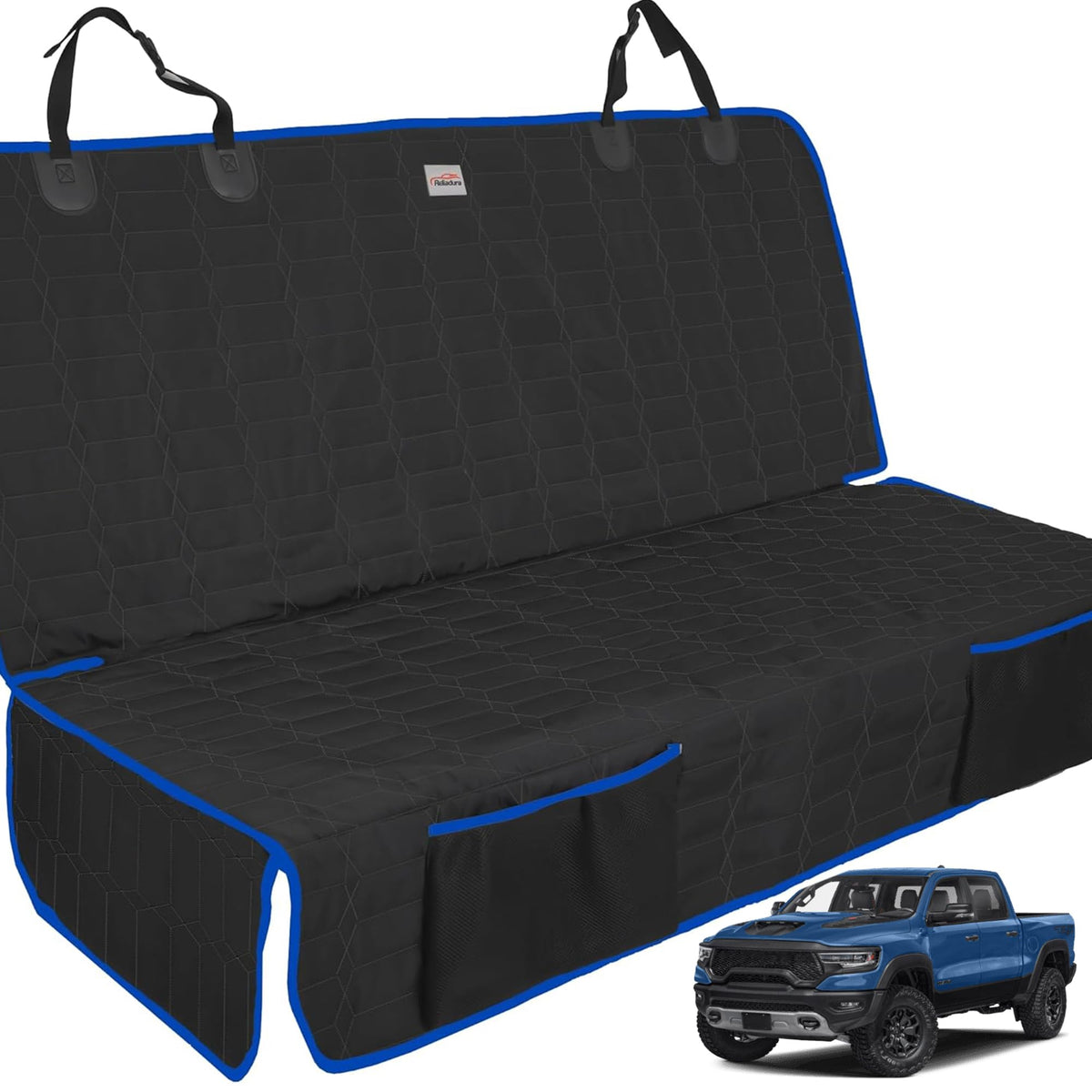 Reliadura back seat cover for dogs shows a snug fit to protect truck seats