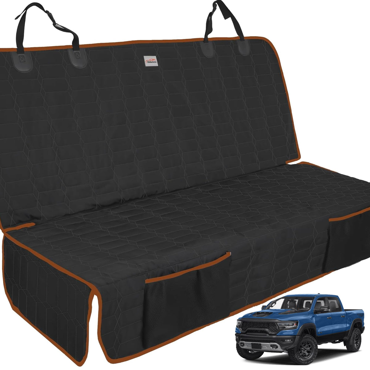 Reliadura back seat cover installed on pickup rear bench protects seats during trips.