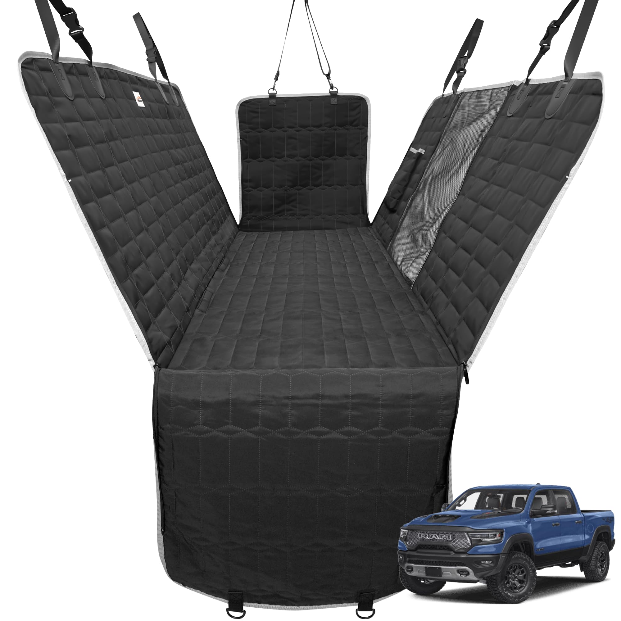 Reliadura Dog Hammock truck back-seat cover protects leather seats during muddy rides.
