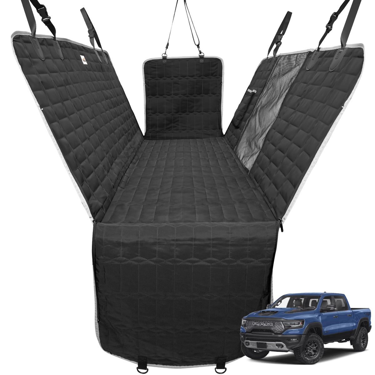 Reliadura Dog Hammock truck back-seat cover protects leather seats during muddy rides.