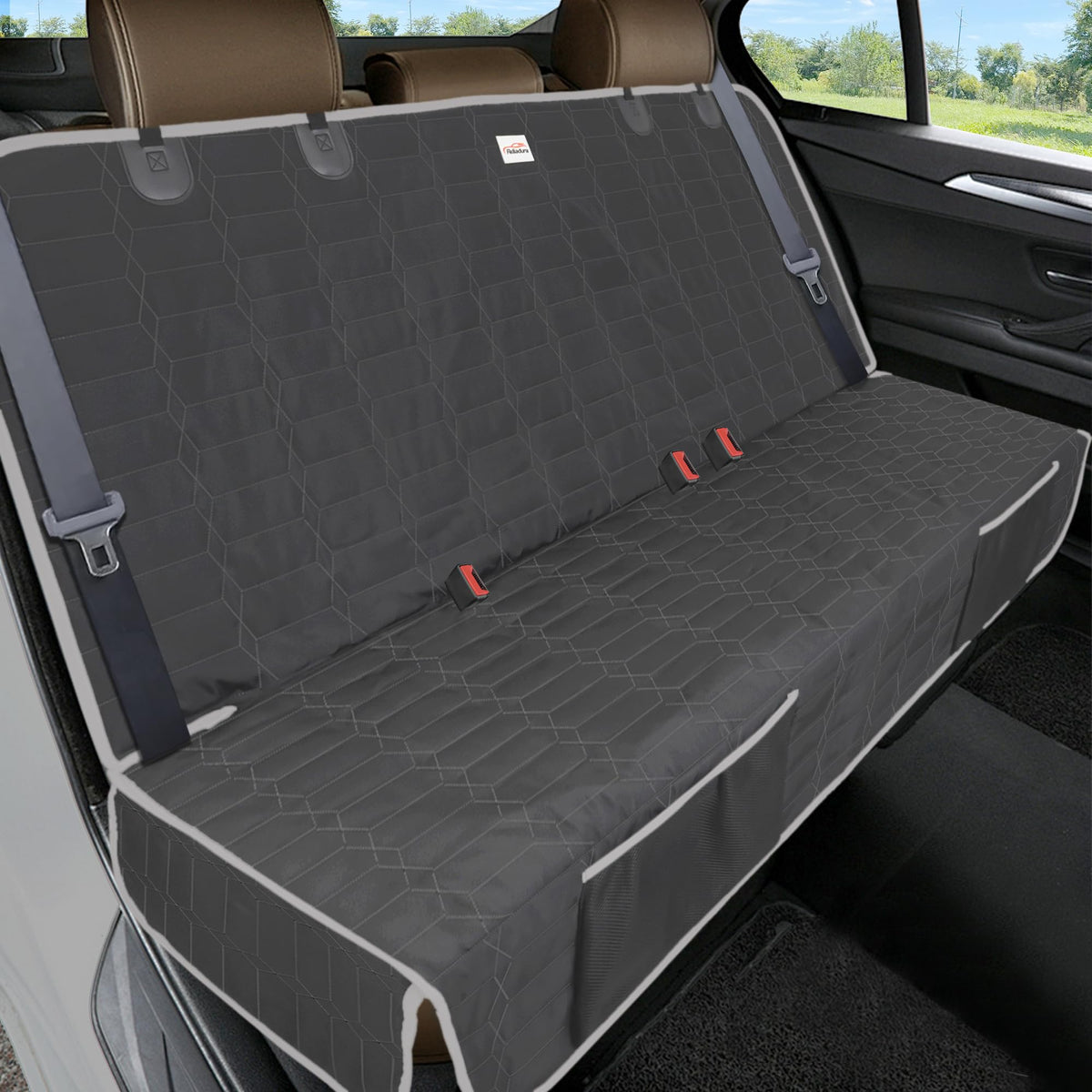 Reliadura Relidura bench seat cover back view protects dogs during car rides