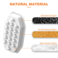 Rellaty triple filtration system detail removes hair, metals, and dirt from water.