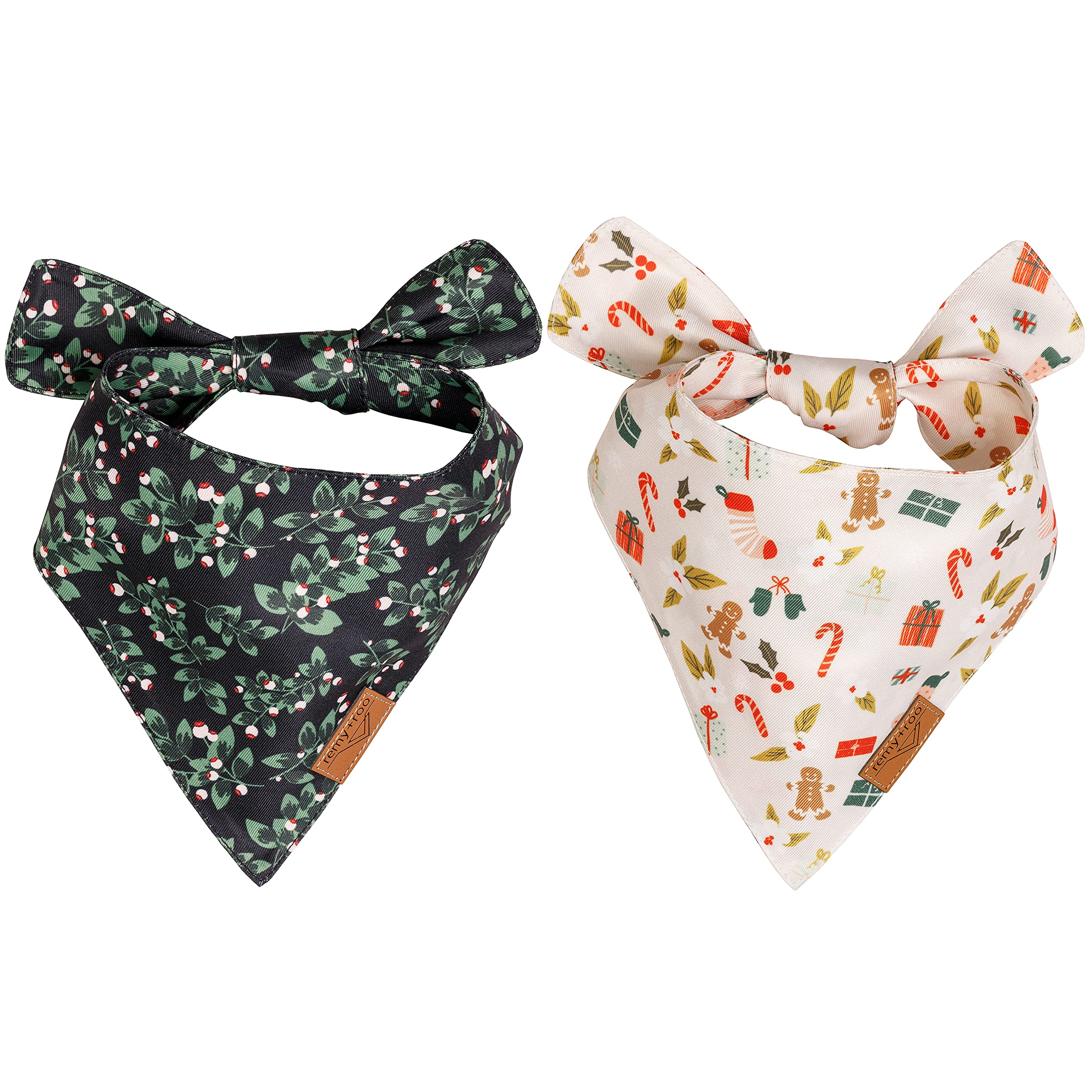 Remy+Roo Holly Set dog bandanas folded for festive style and easy wear