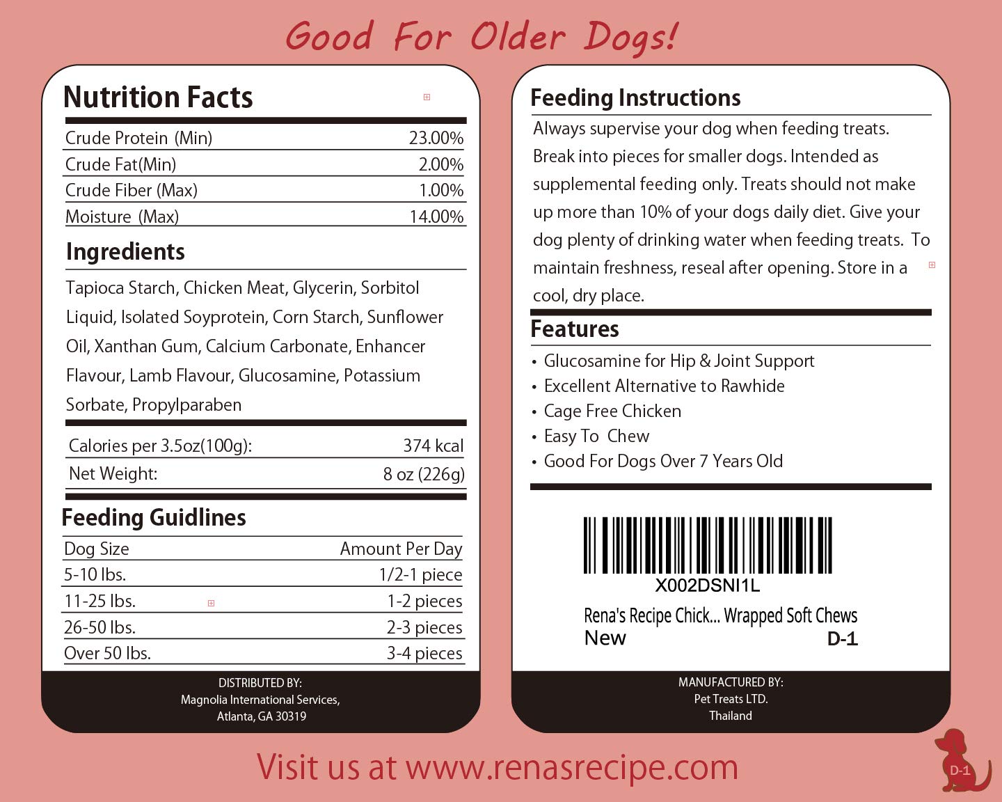Rena's Recipe rawhide-free label highlights a safer chew option for dogs.