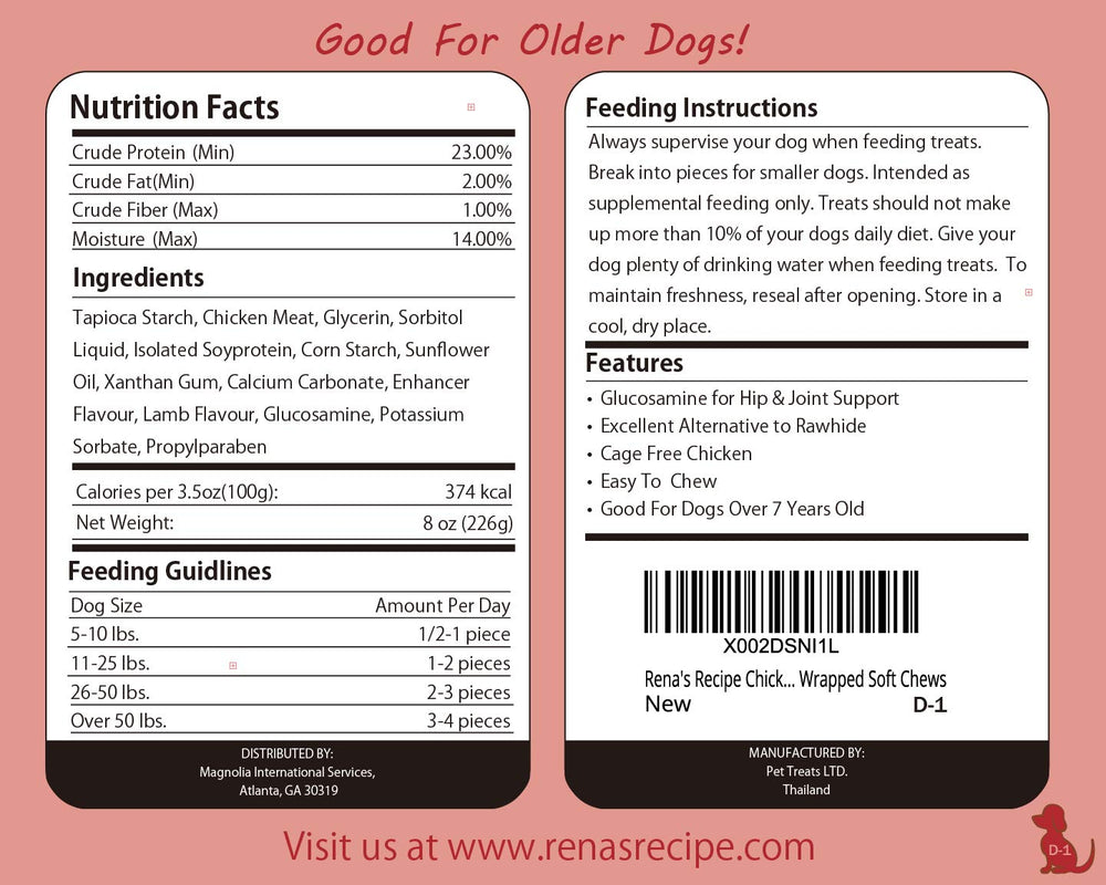 Rena's Recipe rawhide-free label highlights a safer chew option for dogs.