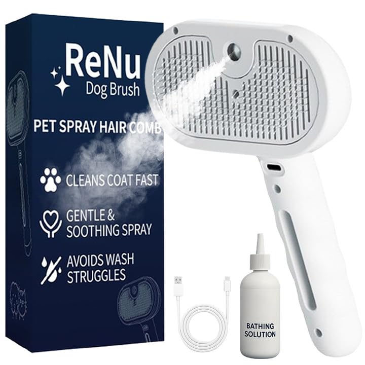 ReNu Dog Brush Fresh Fur Shower Brush in action for gentle steam grooming and hair removal.