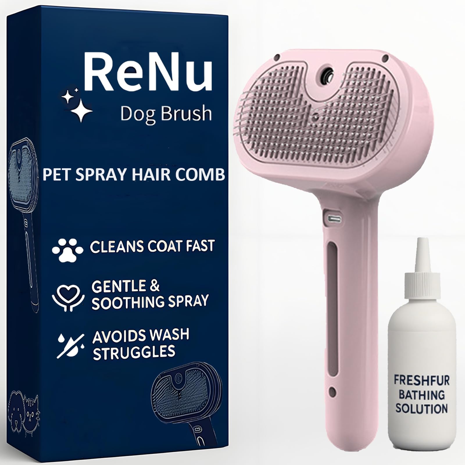 ReNu Dog Brush Fresh Fur Shower Brush pink handle for easy bath-time grooming