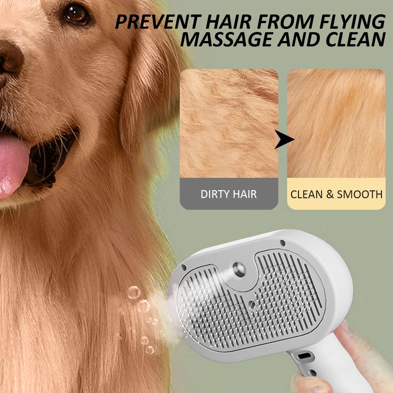 ReNu Dog Brush spray-function demonstrates conditioning spray during grooming for smoother coats.