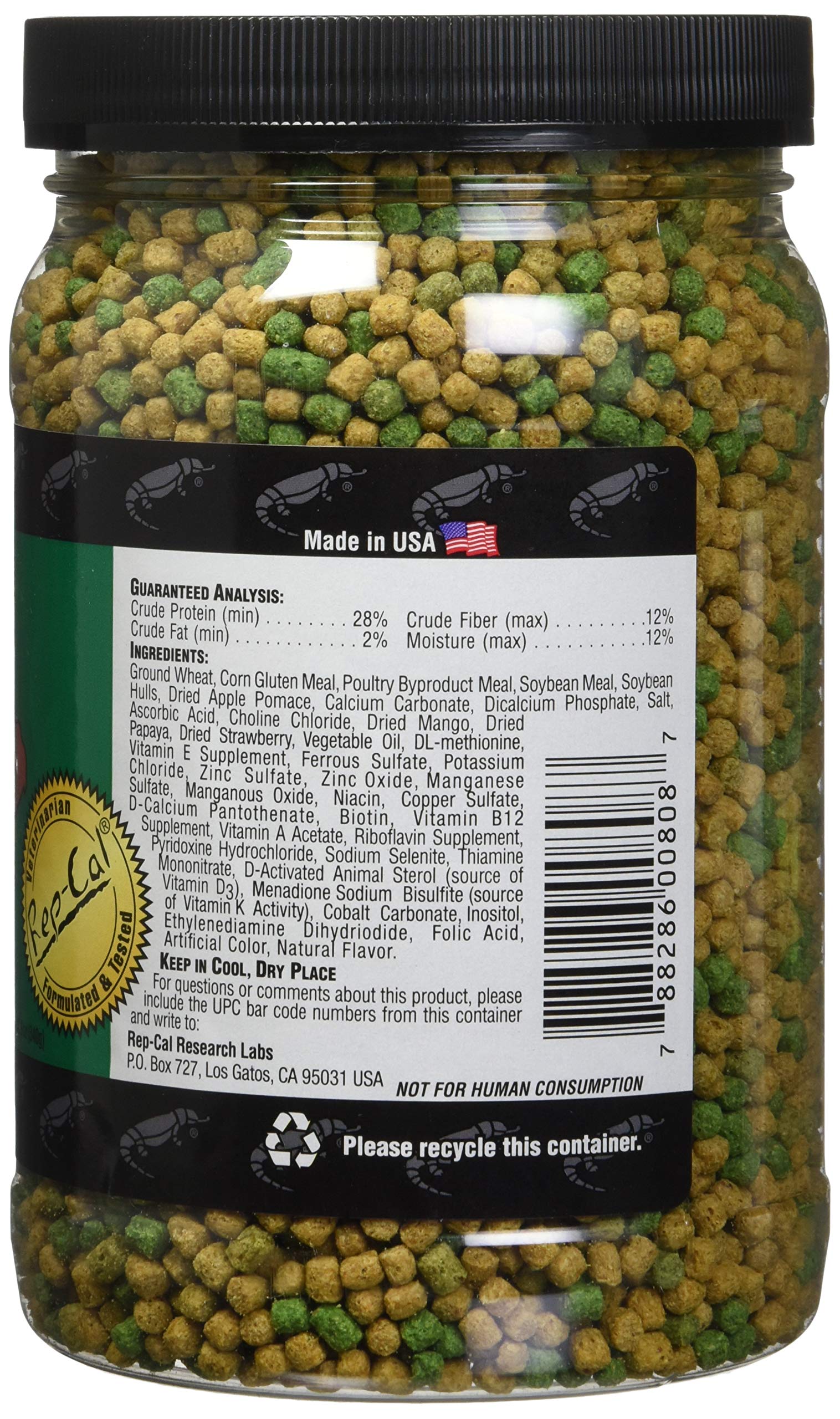 Rep-Cal Box Turtle Food natural ingredients image shows plants and fruits for variety.