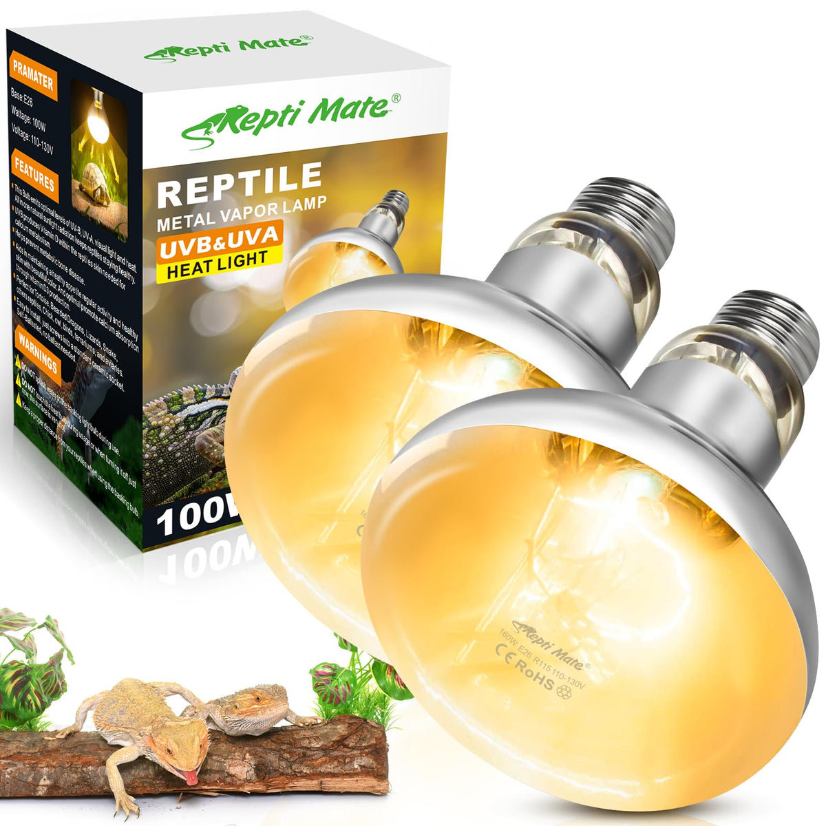 REPTI MATE 100W heat lamp bulb in action providing full-spectrum warmth for basking