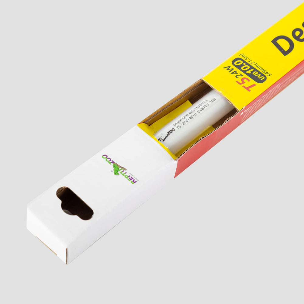 REPTI ZOO 22-inch UVB bulb spectrum closeup highlights bright desert sun-like illumination for enrichment.