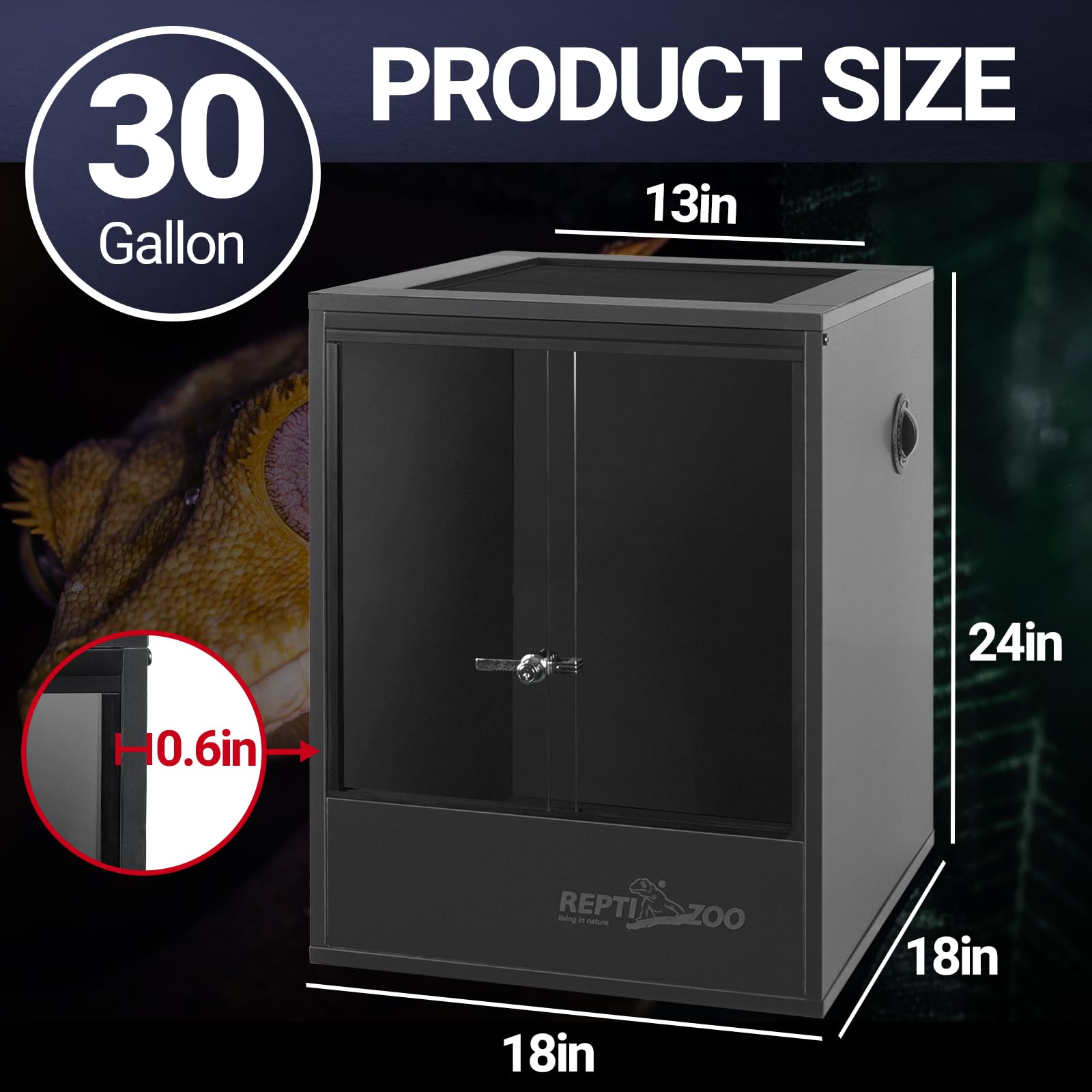 REPTI ZOO 30 Gal Tall Reptile Tank side panel showing sturdy construction.