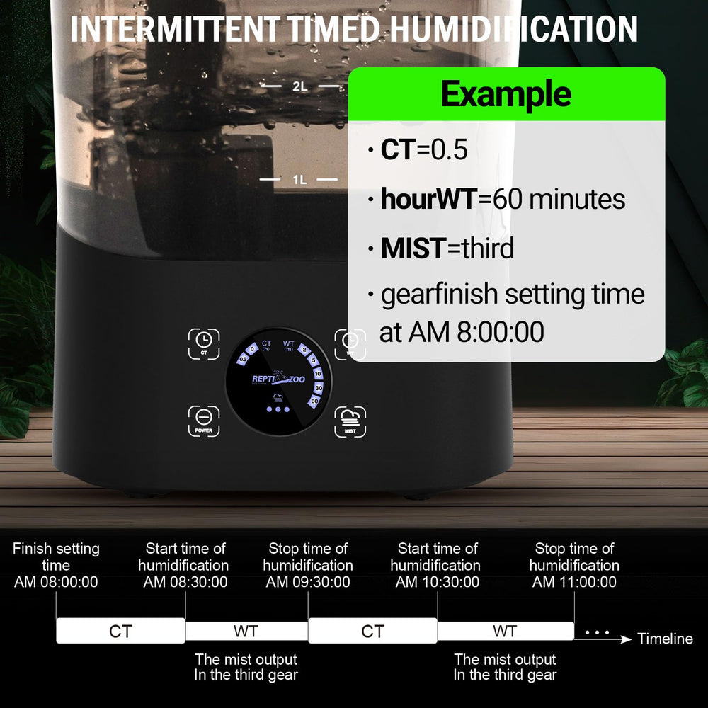 REPTI ZOO fogger operates quietly with adjustable mist levels for peaceful terrariums.