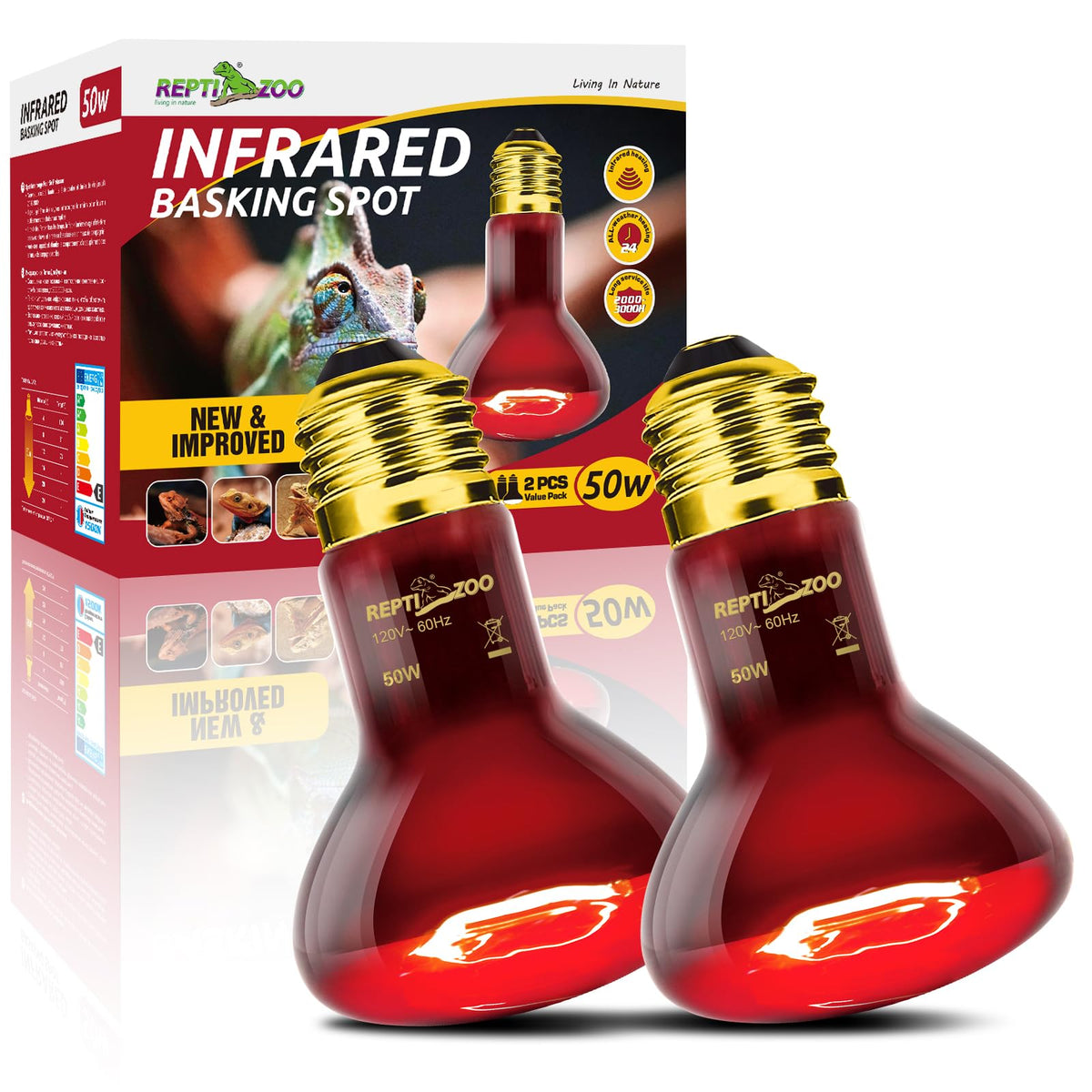 REPTI ZOO 50W heat-lamp-bulb closeup emits infrared warmth for reptiles.