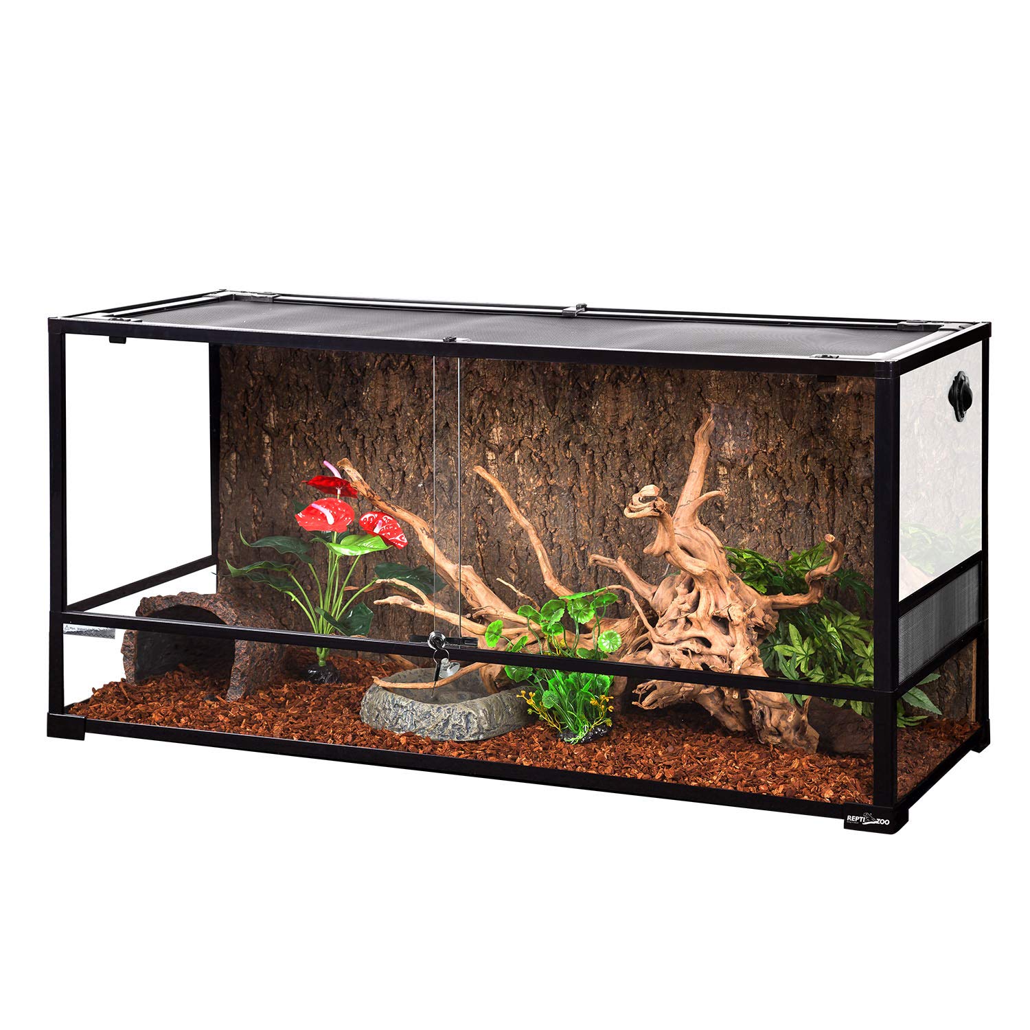 REPTI ZOO 85 gallon tank front view, ideal for roomy tortoise or snake habitats.