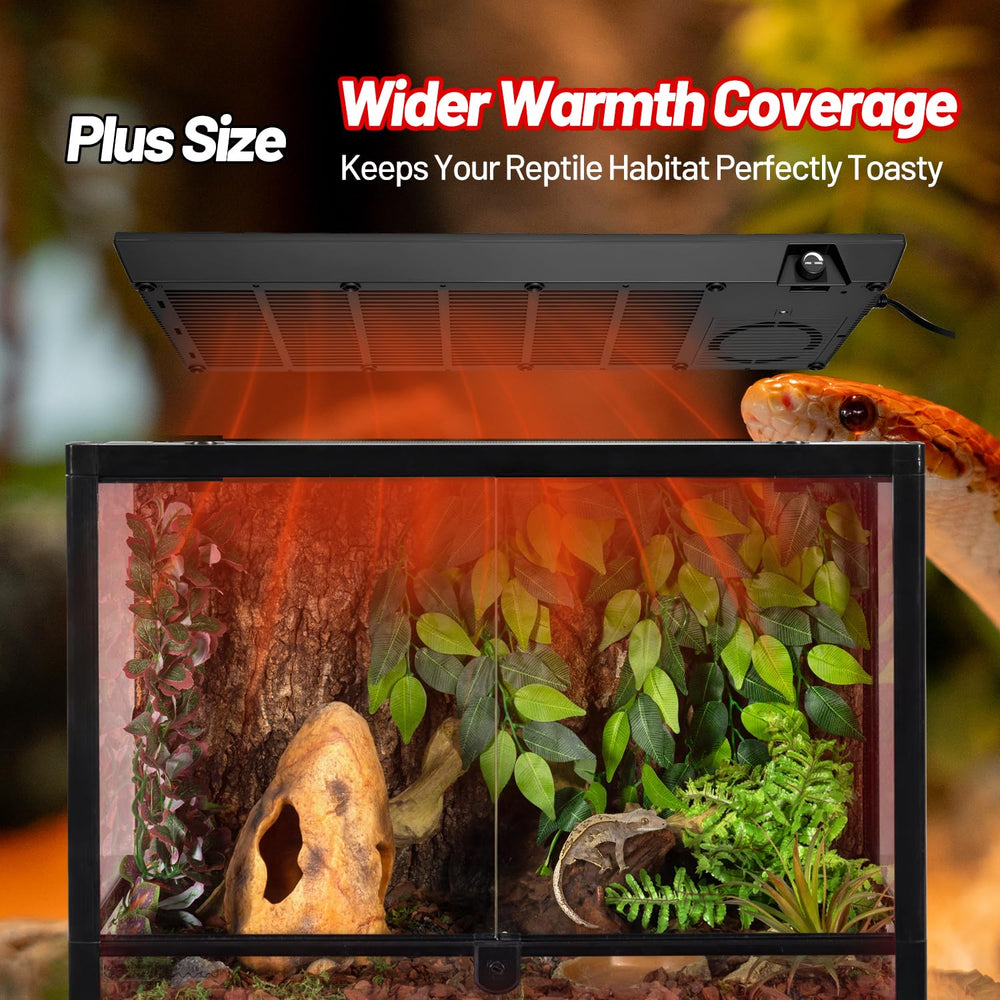 REPTI ZOO heat panel shows built-in fan distributing even heat without hotspots.