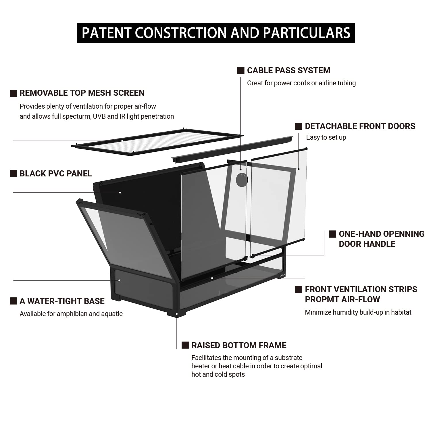 REPTI ZOO collapsible 60-gallon front doors open with one hand for easy access.